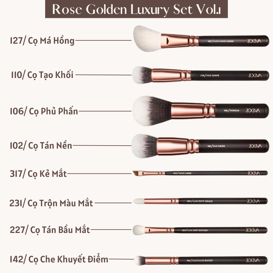 Bộ Cọ Trang Điểm Cá Nhân Cao Cấp 8 Cây ZOEVA Rose Golden Luxury 8 Vol.1 0157